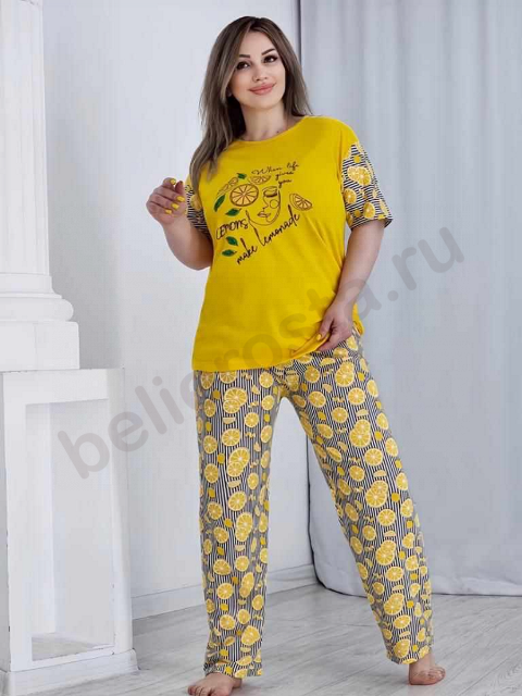 Комплект жен. (футболка-брюки) Arun Moda к/р, кулирка, надписи, принт-лимоны (52-58)