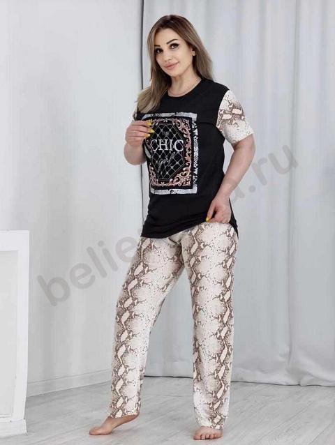Комплект жен. (футболка-брюки) Arun Moda к/р, кулирка, аппликация, брюки принт-питон (52-58)
