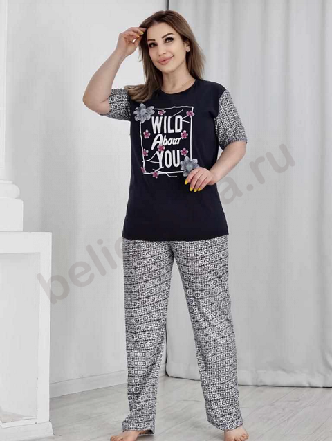 Комплект жен. (футболка-брюки) Arun Moda к/р, кулирка, надписи, принт-орнамент (52-58)