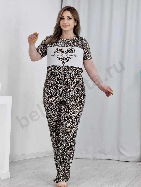 Комплект жен. (футболка-брюки) Arun Moda к/р, кулирка, принт-леопард (52-58)